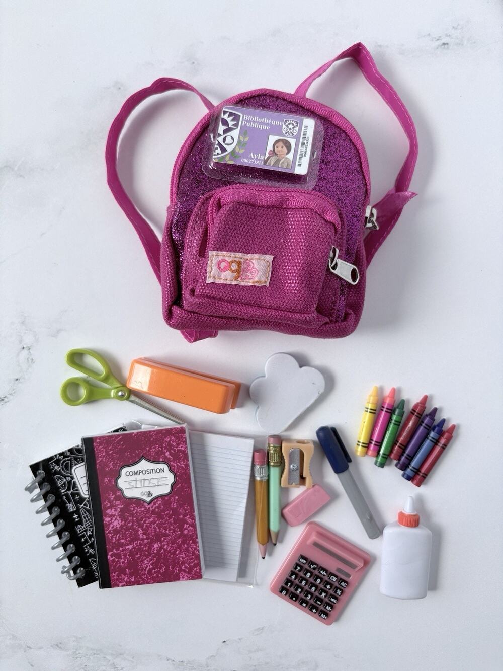 Our Generation Hot Pink Glitter School backpack & School Supplies for 18" Dolls